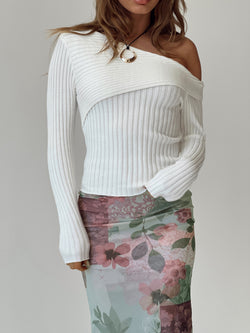 front view of model wearing Princess Polly Jaybell Cold Shoulder Sweater White Cropped 