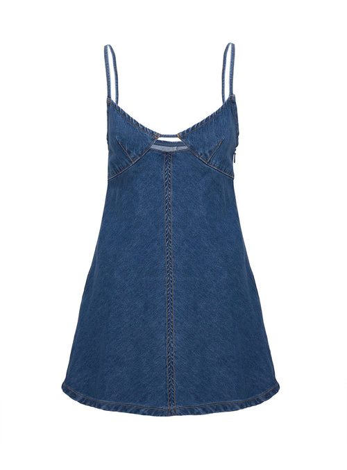 back view of model wearing Princess Polly Arwen Denim Mini Dress Blue Plunger 