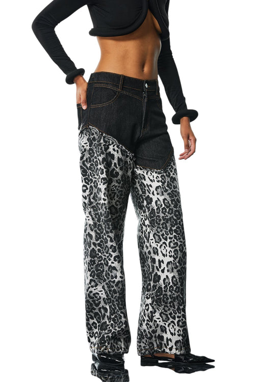 Asimetrik Siyah Leopar Desenli Pantolon