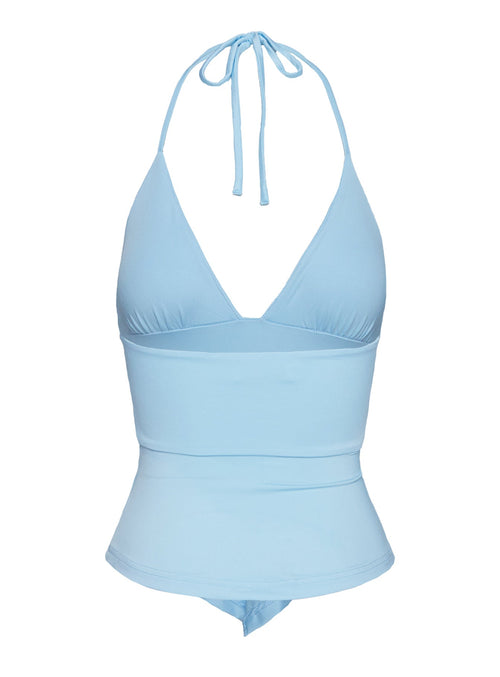 side view of model wearing Princess Polly Averee Halter Top Blue Sleeveless Plunger 