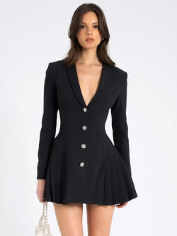 Milena V Yaka Pileli Blazer Mini Elbise