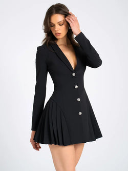 Milena V Yaka Pileli Blazer Mini Elbise