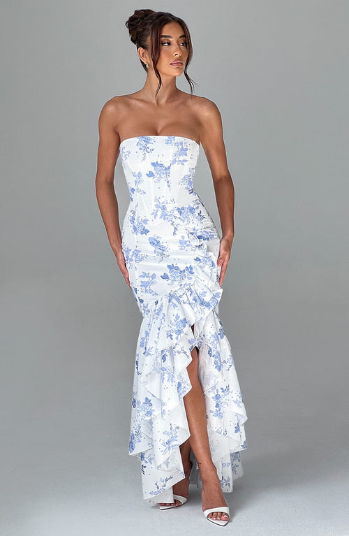 Angelina Maxi Dress - Blue Floral Print Dress Babyboo Fashion Premium Exclusive Design