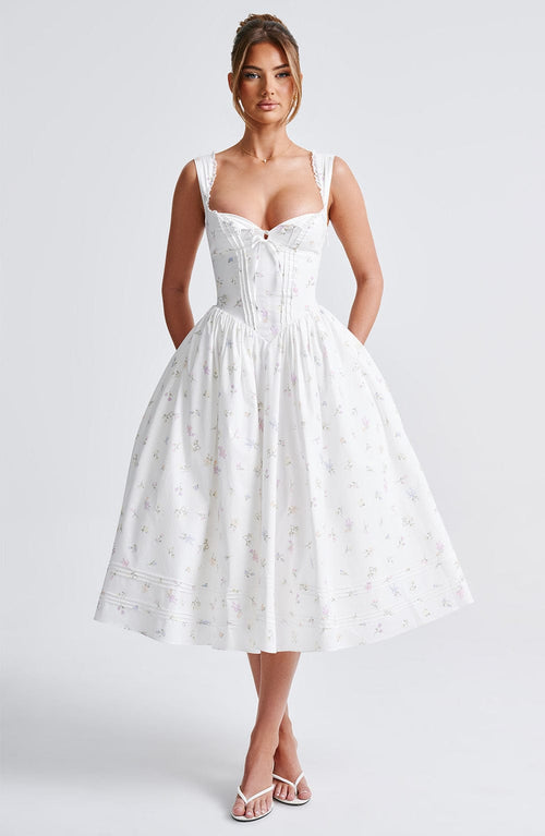 Marlena Midi Dress - White Multi Floral Print Dress Babyboo Fashion Premium Exclusive Design